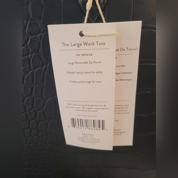 NWT BÉIS Black Croc-Embossed Large Work Tote Tote Bag - Picture 3 of 9